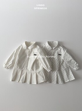 LINDO韩国童装代购26春女小童宝学院纯色波点翻领衬衫百褶连衣裙