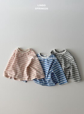 LINDO韩国进口童装代购26春男女小童宝柔软刺绣贴布条纹宽松T恤衫