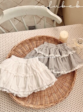 VALU BEBE韩国童装代购26春女婴童棉蕾丝花边格纹公主包屁半身裙