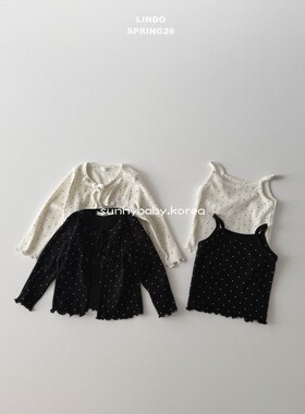 LINDO韩国进口童装代购26春女小童宝可爱波点木耳边吊带开衫套装