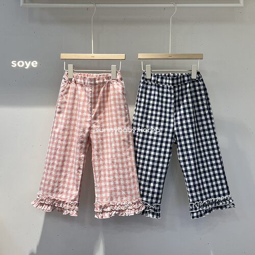 SOYE韩国进口童装代购26夏女童棉柔时尚经典格子菲边直筒休闲长裤