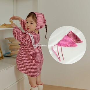 UEO韩国进口童装代购26春女童小大童木耳边格纹系带包头巾三角巾