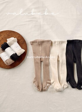 VALU BEBE韩国童装代购26春女婴童棉纯色坑条舒适弹力连脚打底裤