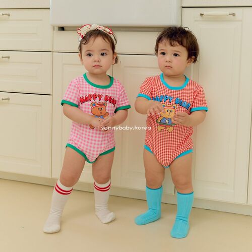 SERA韩国进口童装代购26女婴小童轻薄可爱卡通印花方格连体衣爬服