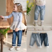 FLO韩国进口童装 长裤 代购 26春女童小大童蕾丝花边复古百搭牛仔裤