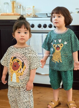 1st韩国进口童装代购26夏男女小大童薄棉可爱印花豹纹宽松短袖T恤