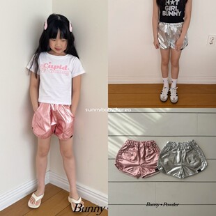 热裤 26夏女小大童字母贴标亮面休闲短裤 代购 BUNNYPOWER韩国童装
