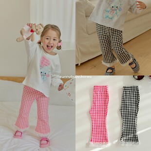 UEO韩国进口童装代购26春女童小大童蕾丝花边微喇格纹休闲裤长裤