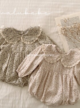 VALU BEBE韩国童装代购26春女婴童棉刺绣花边娃娃领碎花包屁爬服