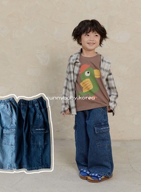 NAVI韩国童装代购26春男女小大童棉柔潮酷侧口袋松紧腰直筒牛仔裤
