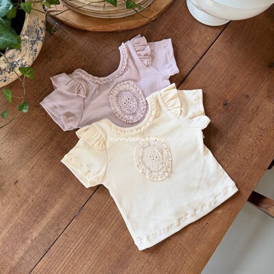 MARRON韩国童装代购26夏女童小童甜美蕾丝贴布菲边弹力短袖T恤衫