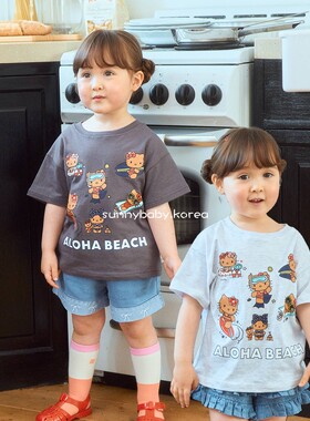 1st韩国进口童装代购26夏男女小大童薄棉卡通印花圆领亲子短袖T恤