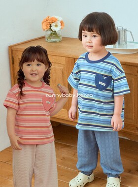 1st韩国进口童装代购26夏男女小大童薄棉时尚爱心小兜宽松条纹T恤