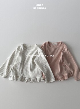 LINDO韩国进口童装代购26春女小童宝柔软可爱波点荷叶边长袖T恤衫