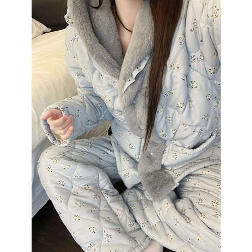 韩系甜美小碎花毛绒夹棉睡衣女冬天保暖加厚舒适家居服套装可外穿