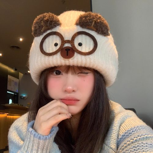 可爱猫耳针织帽女秋冬保暖大头围显脸小卡通猫咪眼镜护耳毛线帽子