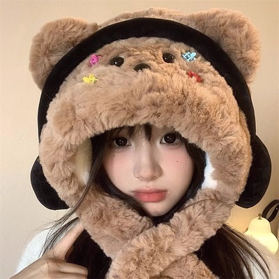 度冬记·2025新款耳机小狗帽女冬可爱毛绒帽子围巾一体加厚护耳帽