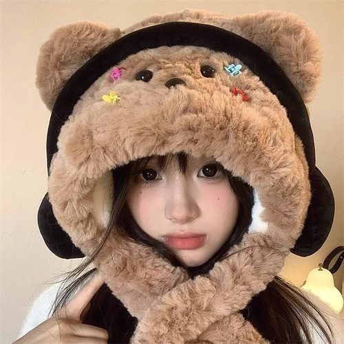 耳机小狗帽女秋冬可爱毛绒帽子围巾一体加厚保暖护耳护颈2025新款
