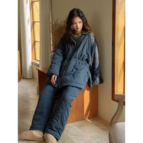 韩系高级感收腰棉服睡衣女冬季新款加厚保暖夹棉家居服套装可外穿