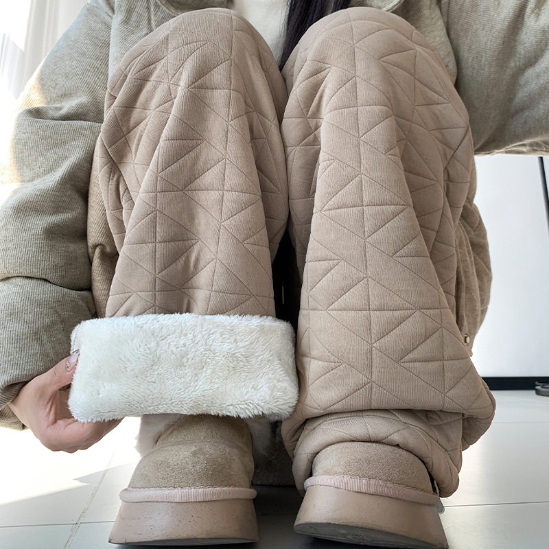 东北大棉裤女秋冬外穿高腰加绒加厚休闲直筒裤垂感夹棉两穿阔腿裤