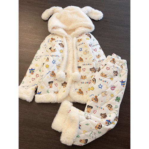 可爱卡通蜡笔小新三层夹棉睡衣女冬季耳朵连帽外套保暖家居服套装