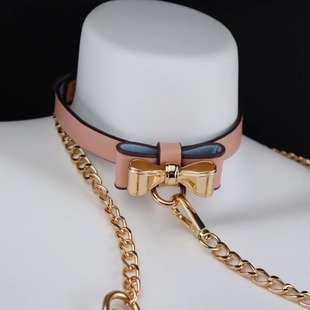 不误正夜 蝴蝶结项圈女皮质choker复古颈环puppy小狗链k8k9牵引绳