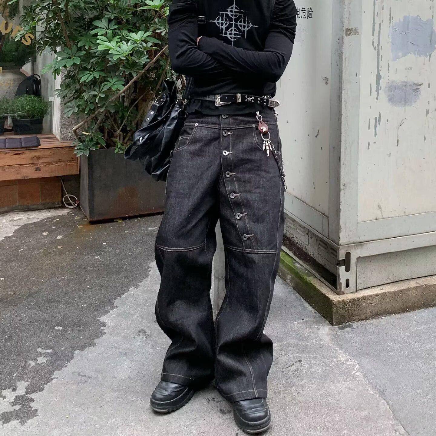 美式高街复古长排扣廓形牛仔裤男女宽松baggy阔腿休闲拖地长裤潮