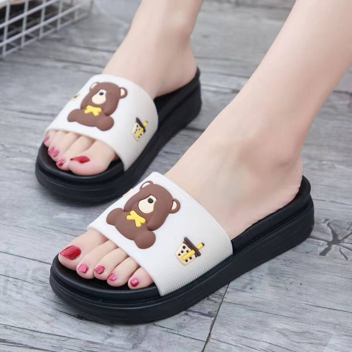 厚底拖鞋女夏高跟ins潮时尚卡通可爱小熊家用浴室凉拖鞋松糕外穿