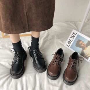 英伦风布圆头单鞋 女 女2025新款 厚底松糕前系带制服jk小皮鞋