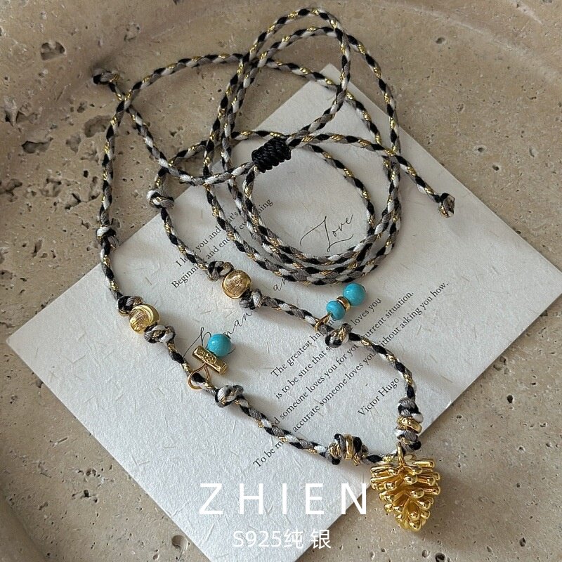 至恩 复古串珠松果吊坠项链女长款毛衣链925纯银编织链绳子游牧风