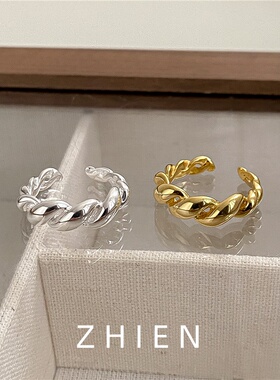 S925纯银牛角包韩版小众扭纹戒指