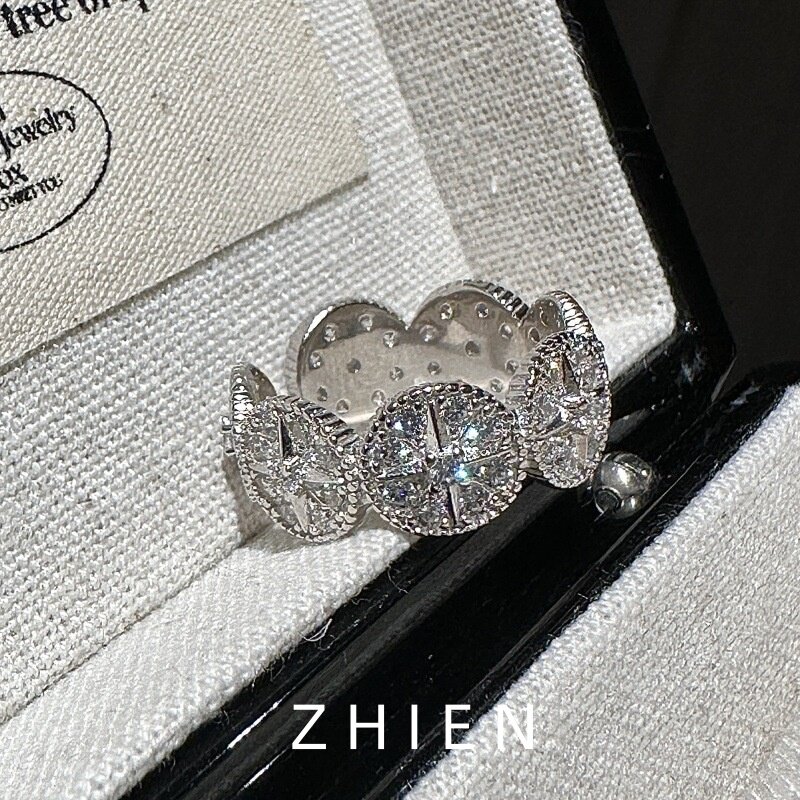 S925纯银戒指女镶钻米星开口轻奢