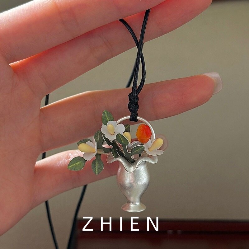 至恩S925纯银国风花瓶吊坠黑绳子项链女款毛衣链磨砂精致小众设计