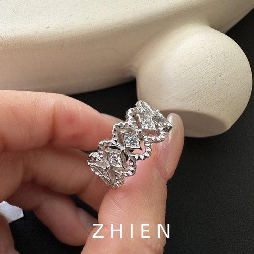 食指蕾丝宽版S925纯银开口菱格纹