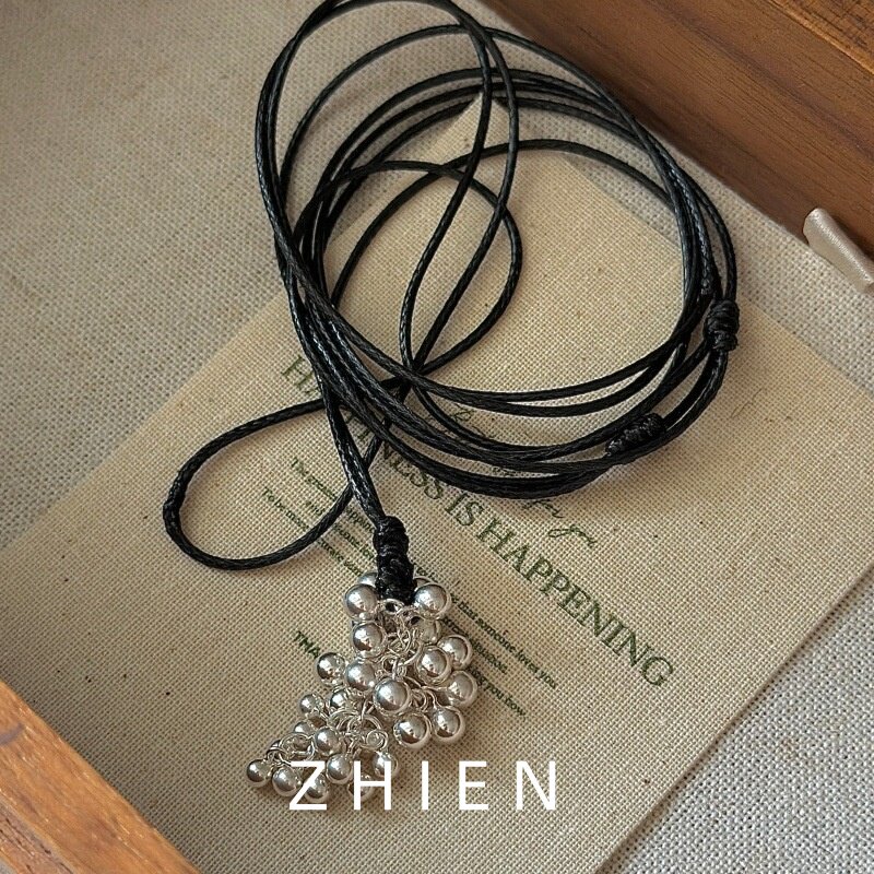 至恩S925纯银葡萄流苏长项链女黑绳子毛衣链休闲时尚可调节配饰品