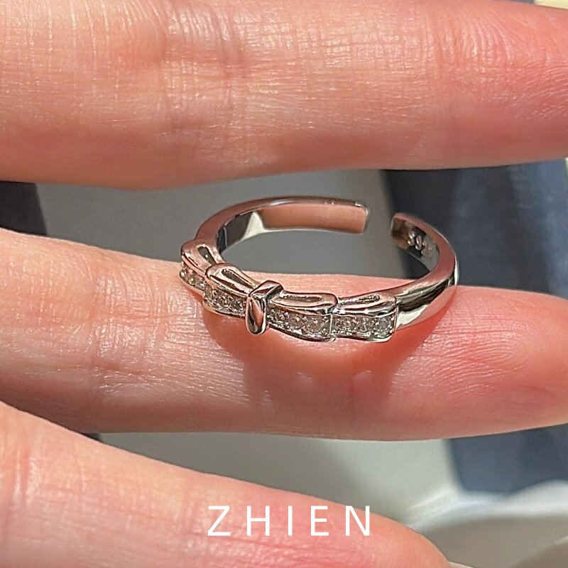至恩925纯银蝴蝶结戒指开口小众设计vintage镶钻细款指环甜美饰品