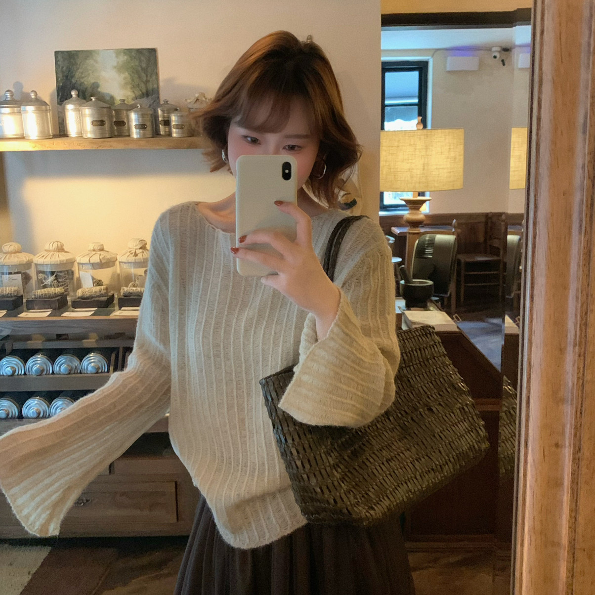 Flower April（FA）-慵懒风镂空针织罩衫女喇叭袖松驰感针织衫960