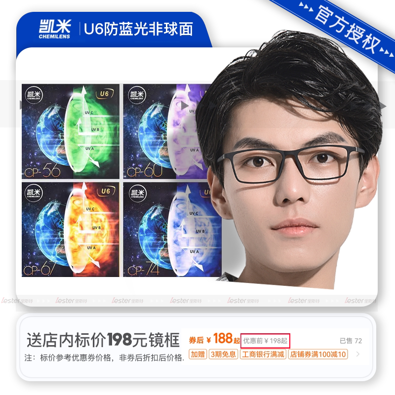 凯米1.74非球面U6防蓝光U2防油污