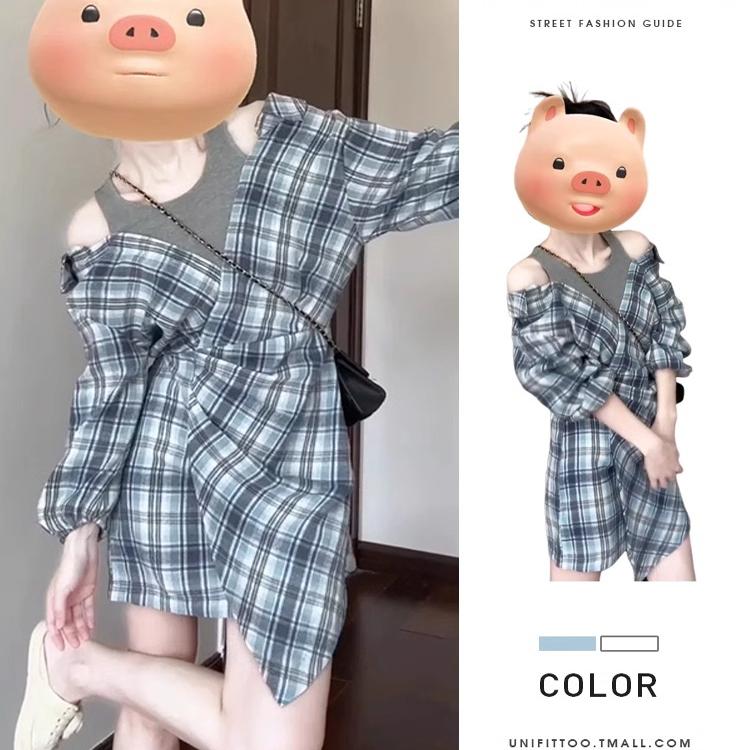 假两件格子衬衫连衣裙女初秋季新款拼接氛围感美拉蓝穿搭韩系裙子