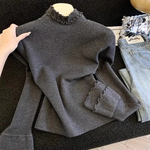 小众设计感双层木耳边半高领针织毛衣女冬季新款独特别致打底上衣