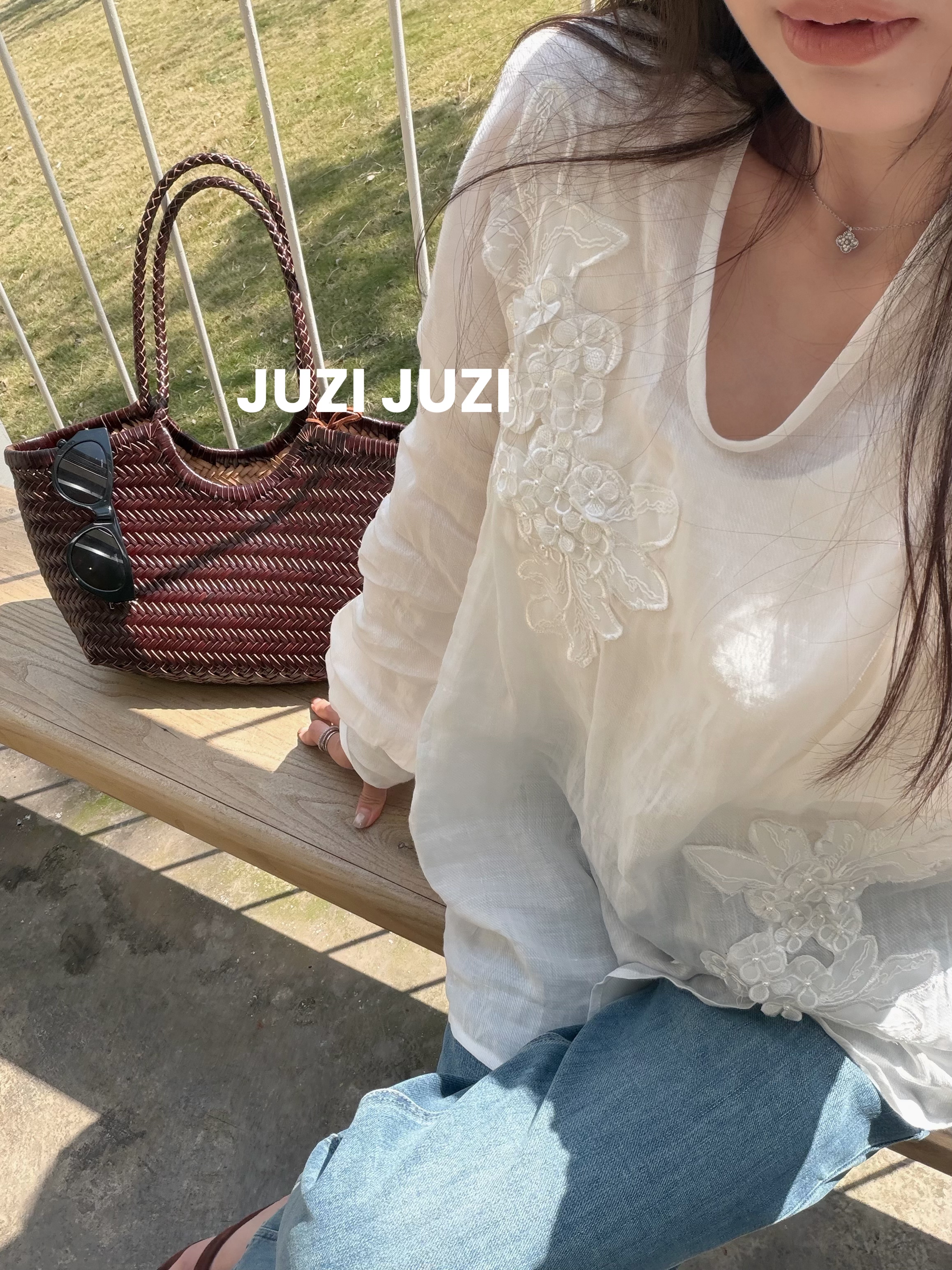 JUZI/重工苎麻衬衫 超美手工订珠花卉刺绣轻薄宽松显瘦v领上衣