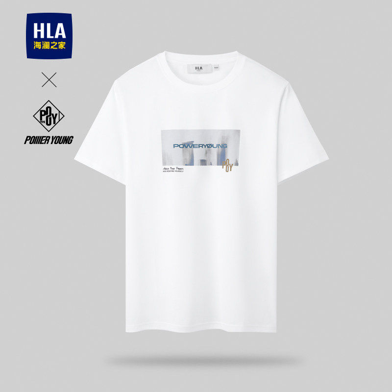 HLA Fashionable Round Neck Short-Sleeved T-Shirt 26 Summer New Style White Refreshing Breathable Printed Short T-Shirt for Men