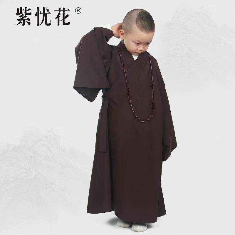 新款紫忧花咖啡色海青居士服儿童小孩海清男女同款夏季小和尚僧服