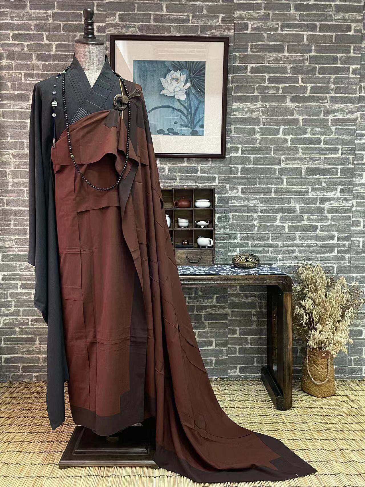 特卖栖心僧服拼色咖啡色进口麻纱大叶七衣木兰色布扣七衣受戒僧衣