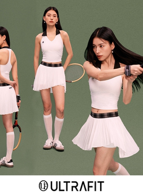 ULTRAFIT白黑网球运动上衣 白色肌理感格纹百褶短裙防滑底裤带兜