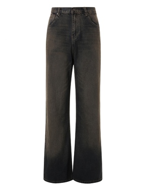 EMGR线上进口黑灰蓝色雾霾感泥染刀割裤脚直筒微喇做旧牛仔长裤