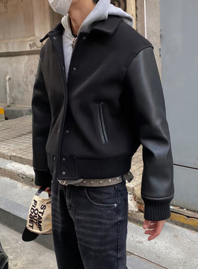 EMGR线上意大利皮拼袖高端重磅毛呢廓形复古棒球服混纺毛外套夹克