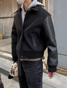 EMGR线上意大利皮拼袖 高端重磅毛呢廓形复古棒球服混纺毛外套夹克