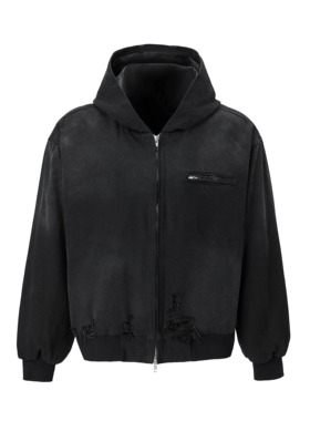 EMGR 水洗Vintage破坏短宽Boxy版型高密珠帆布连帽拉链夹克非J141