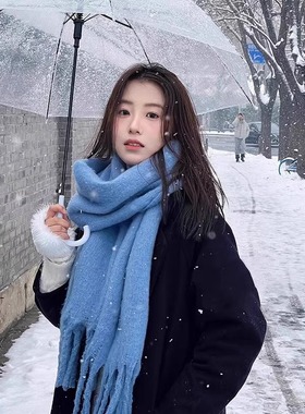 蓝色围巾女2025新款秋冬季纯色仿羊绒韩系氛围高级感加厚软糯围脖